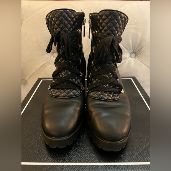 Karl Lagerfeld Paris Pervot black combat style boot with lug gold hardware 7.5 - Picture 2 of 14